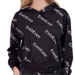 Bebe Cropped Hoodie Pullover Black White Logo Print All Over Elastic
